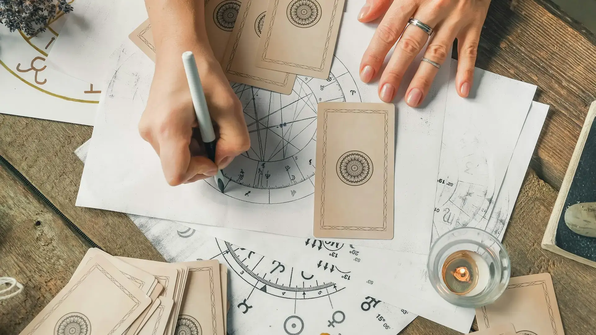 Astrology. Astrologer calculates natal chart and makes a forecast of fate.Tarot cards,