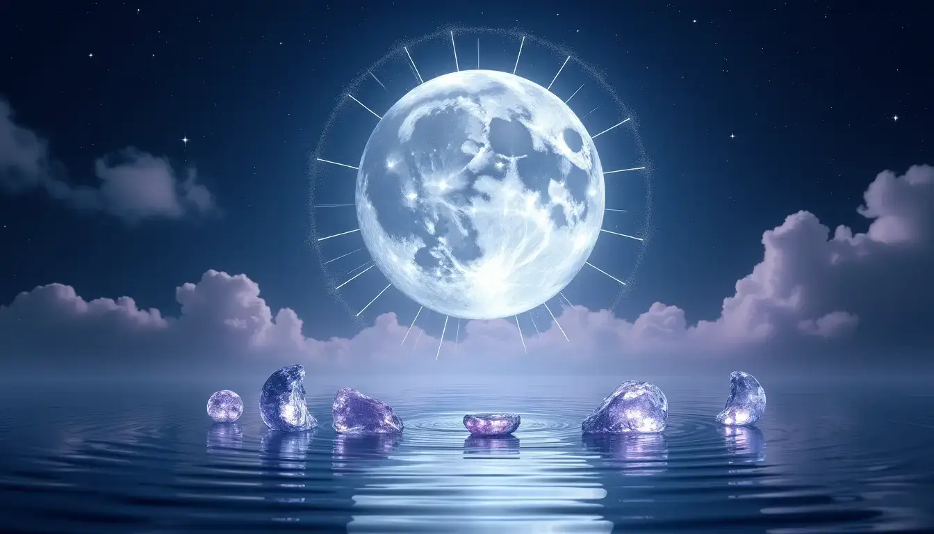 Leuchtender Mond über dem Meer mit Steinen