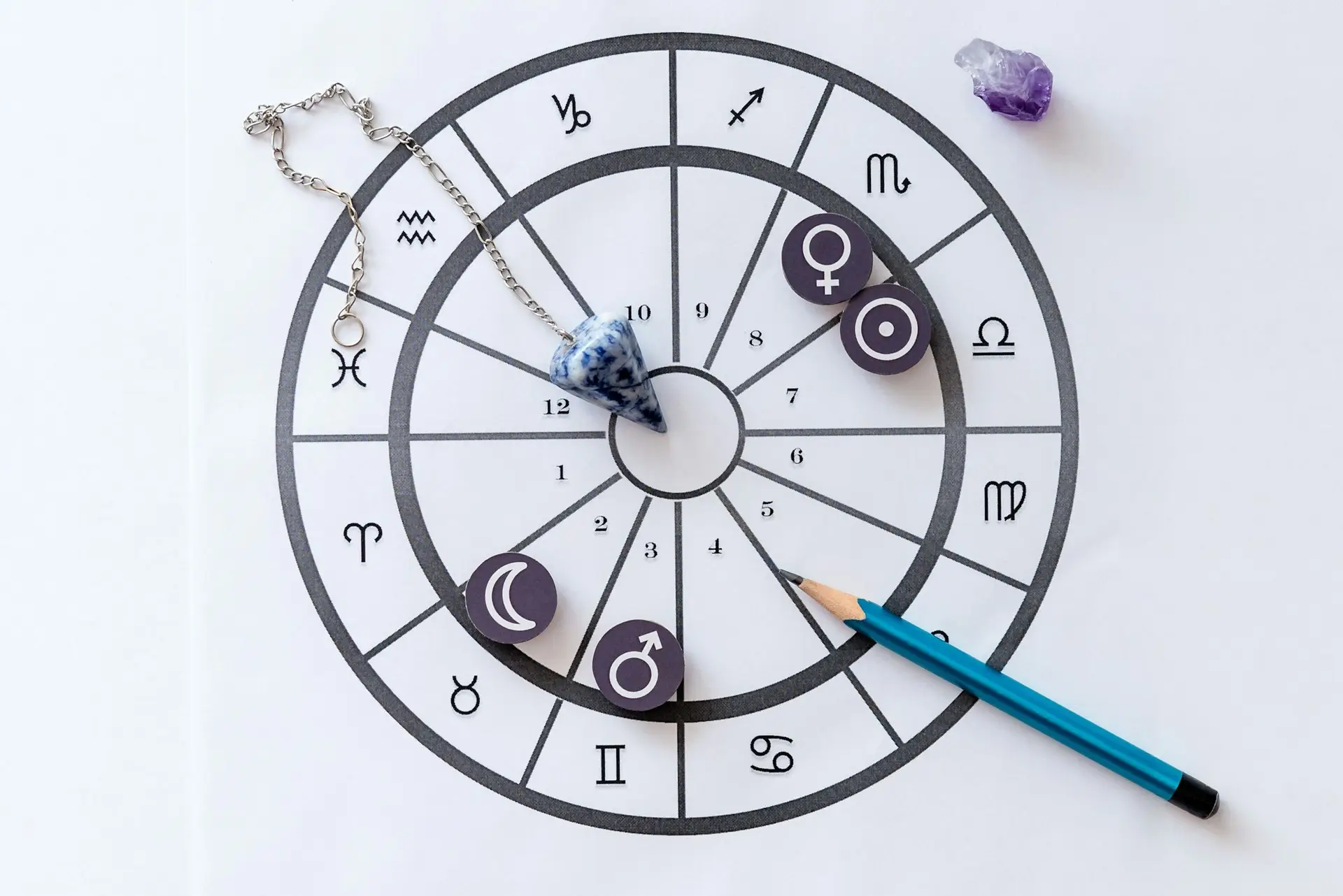 Top view of an astral chart with different astrology figures and crystals