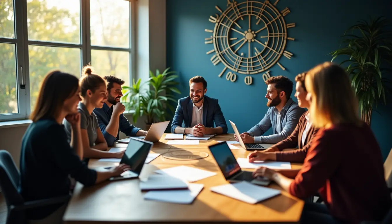 Teambesprechung am Tisch mit Laptops und Papier